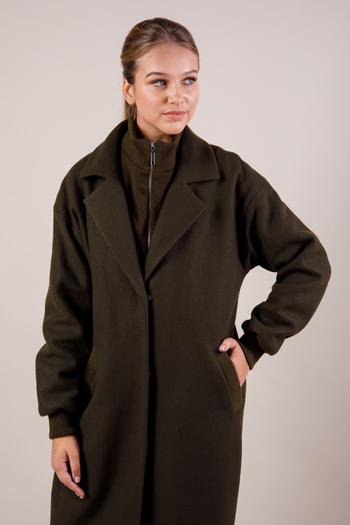*Пальто утеплённое шерстяное с довязом цвет хаки 19-13-khaki фото