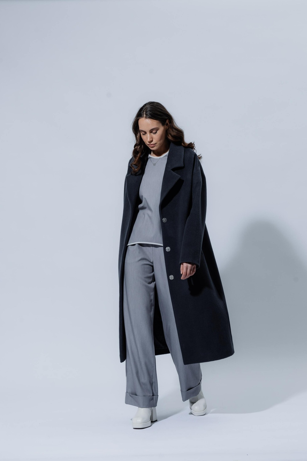 Velvety wool coat with a small pile graphite color