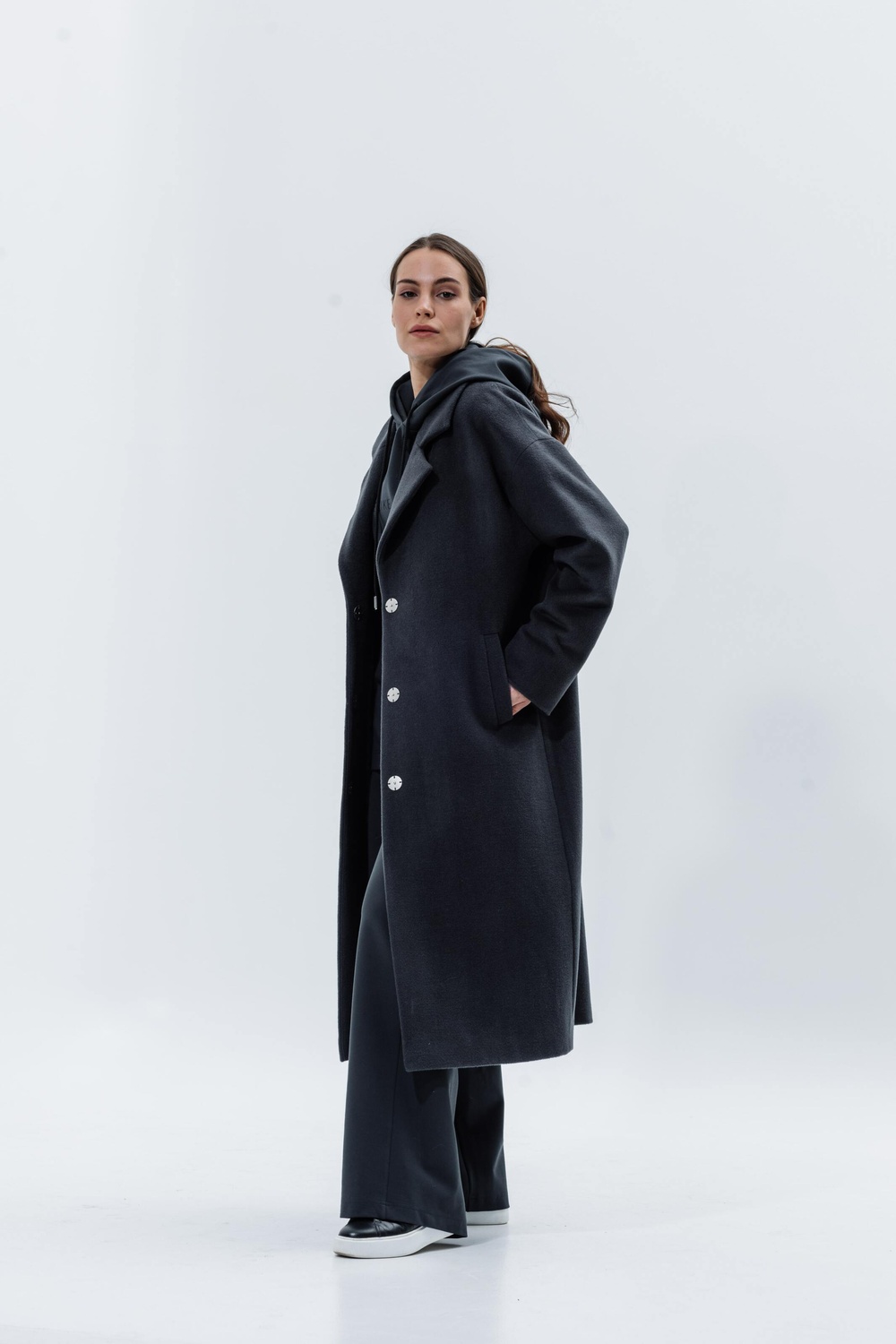 Velvety wool coat with a small pile graphite color