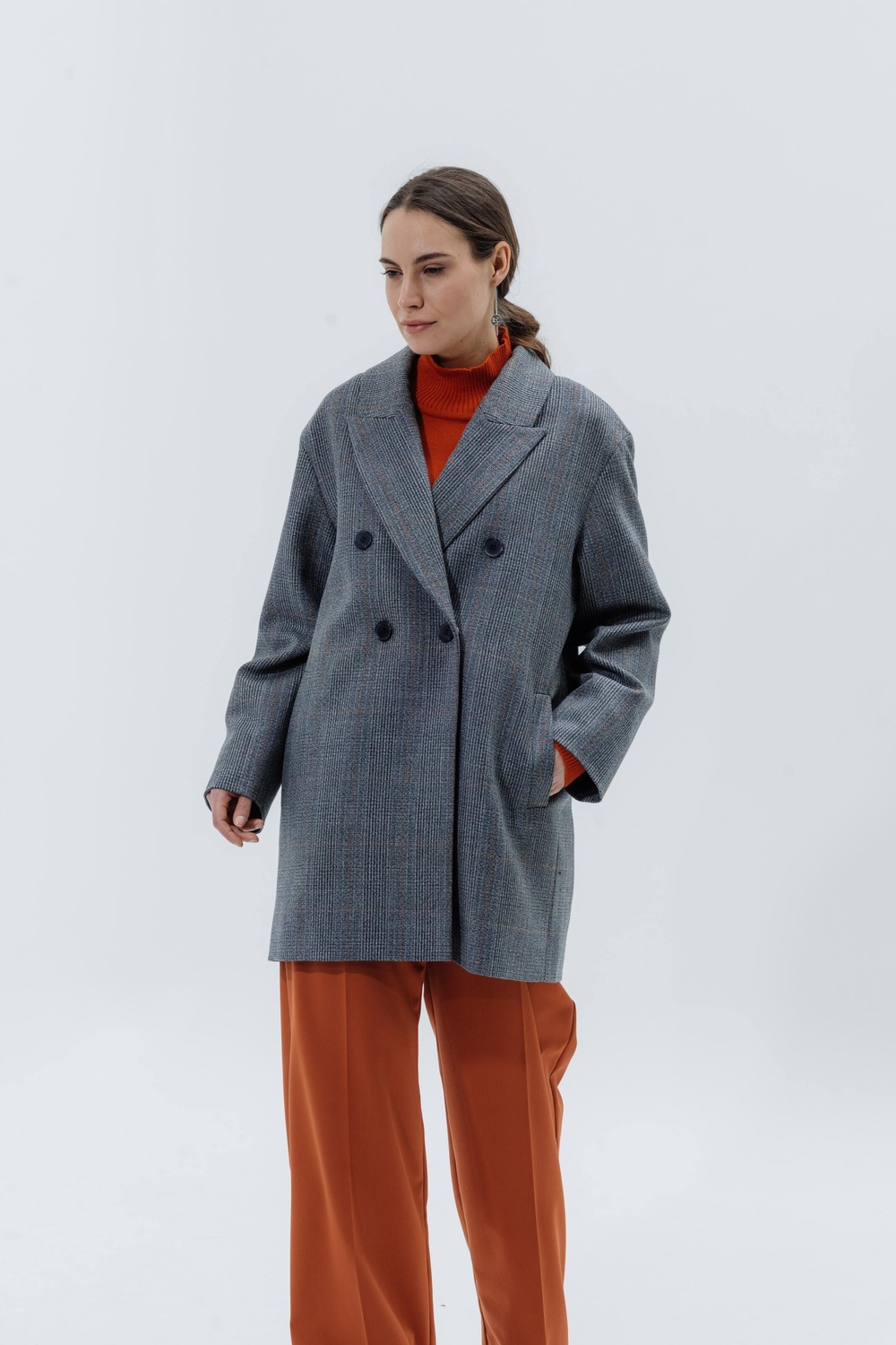 Пальто-жакет в чоловічому стилі з тонкої вовни сіро-помаранчова клітина 093_gray_orange_check фото