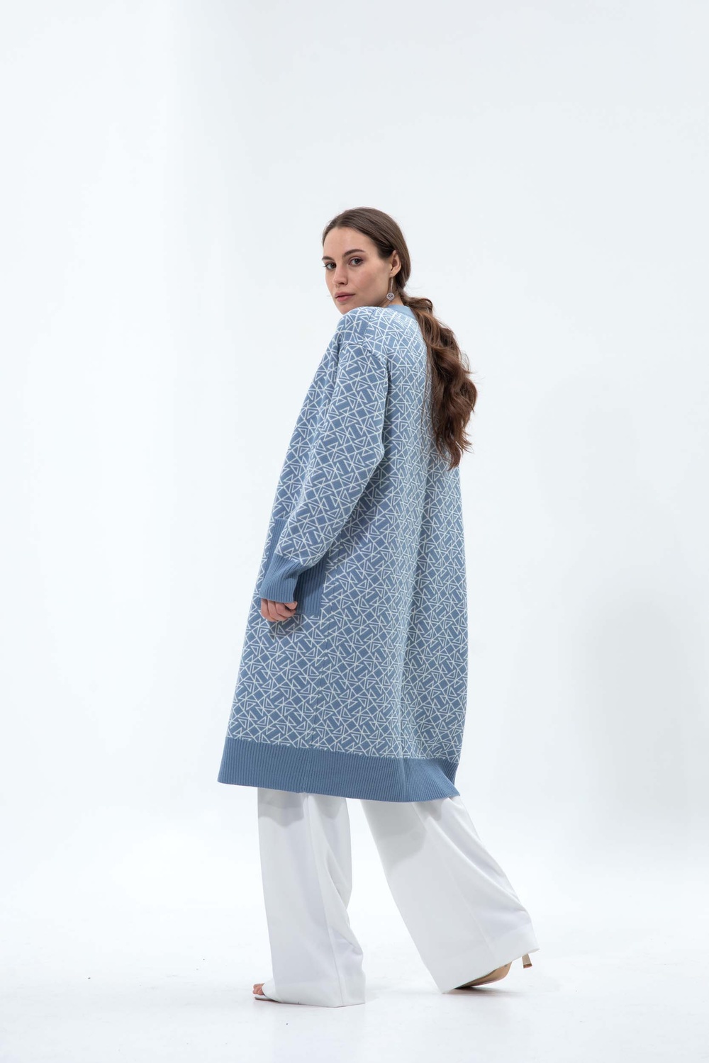 Long cardigan knitted from merino wool blue logo, Light Blue, XS