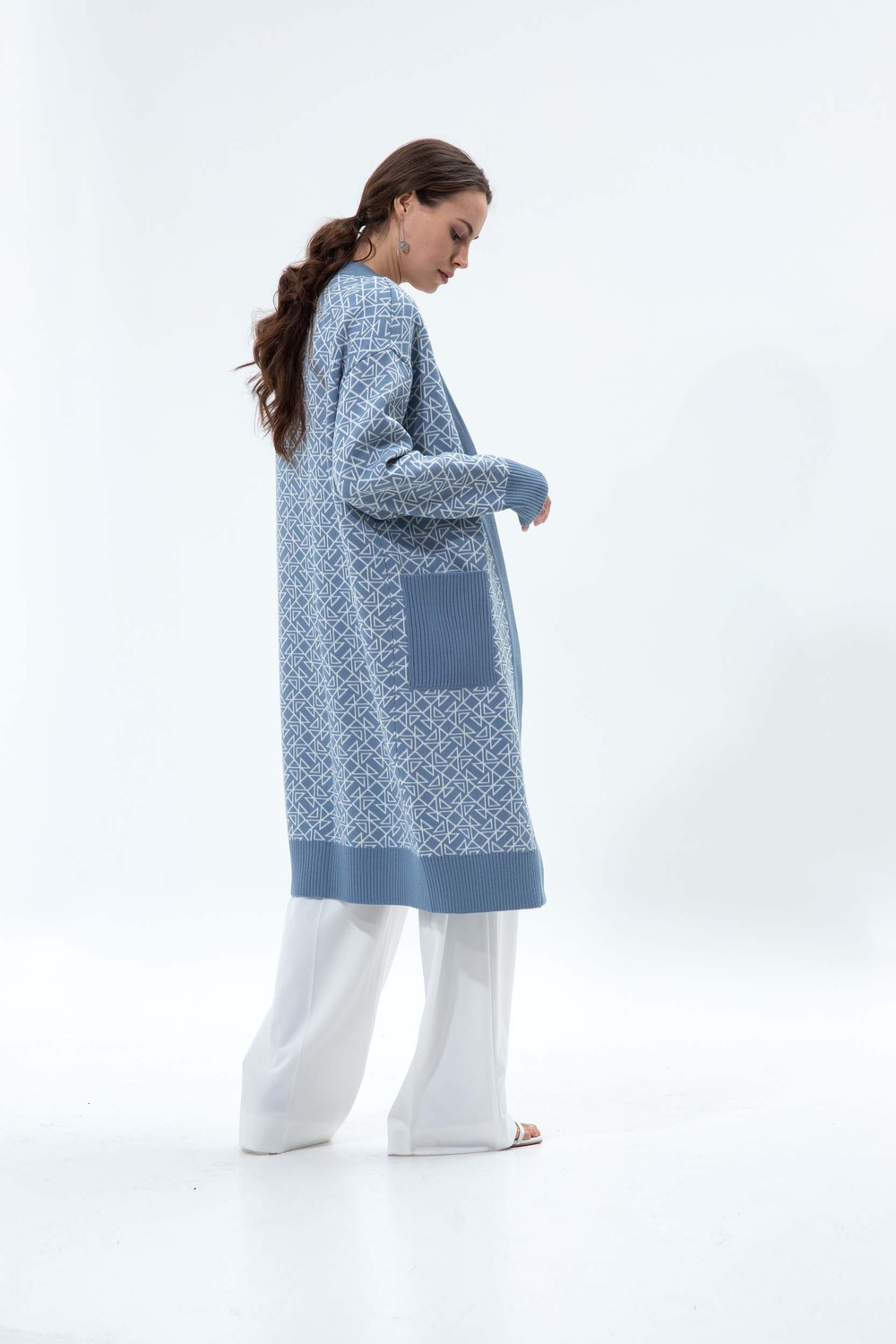 Long cardigan knitted from merino wool blue logo, Light Blue, S