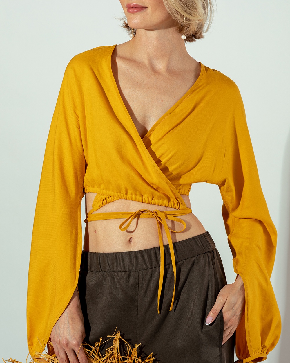 Wrap crop top with cant, mango color